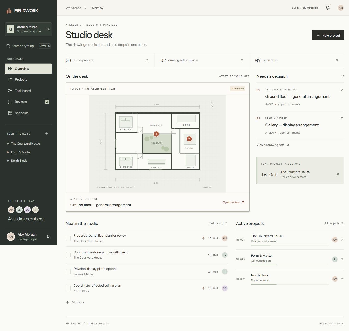 FIELDWORK overview showing project progress, tasks and drawing reviews