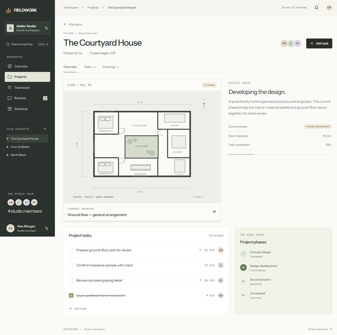 Project detail with its drawing, brief, milestone and tasks