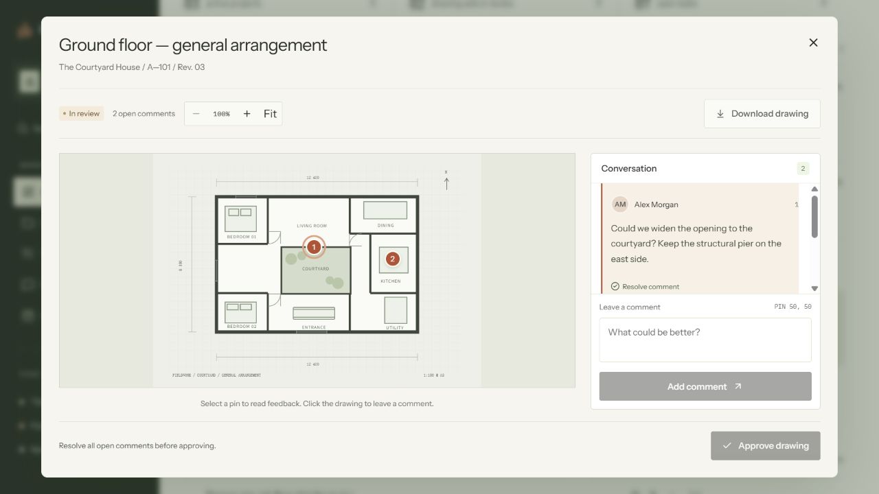A drawing review with numbered comment pins, feedback and approval controls